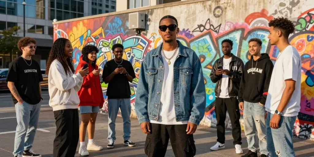 Fashionable group enjoying rokok88-inspired streetwear in vibrant urban setting.
