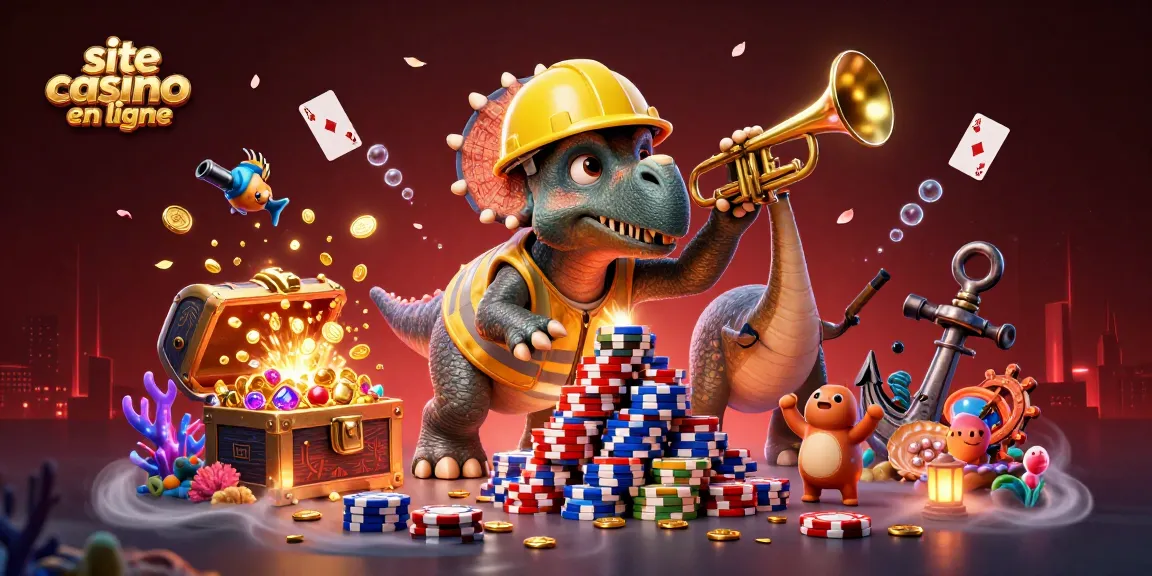 Jeu de casino en ligne avec un triceratops et des éléments de jeu flottants célébrant la victoire.