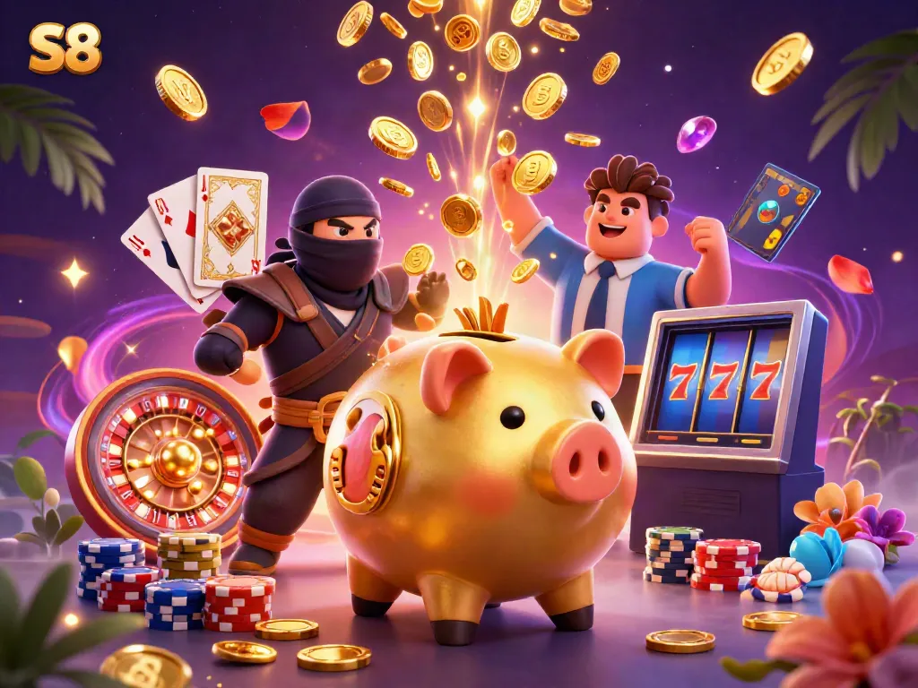 Experience thrilling gameplay at S8 with a vibrant scene of animated characters and dazzling casino elements.