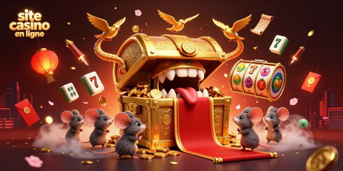 Jouez sur un site casino en ligne avec un coffre au trésor, des machines à sous et des éléments festifs.