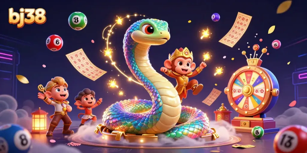 Join the fun at bj38 with a vibrant 3D illustration of casino excitement featuring lottery balls and a monkey king.