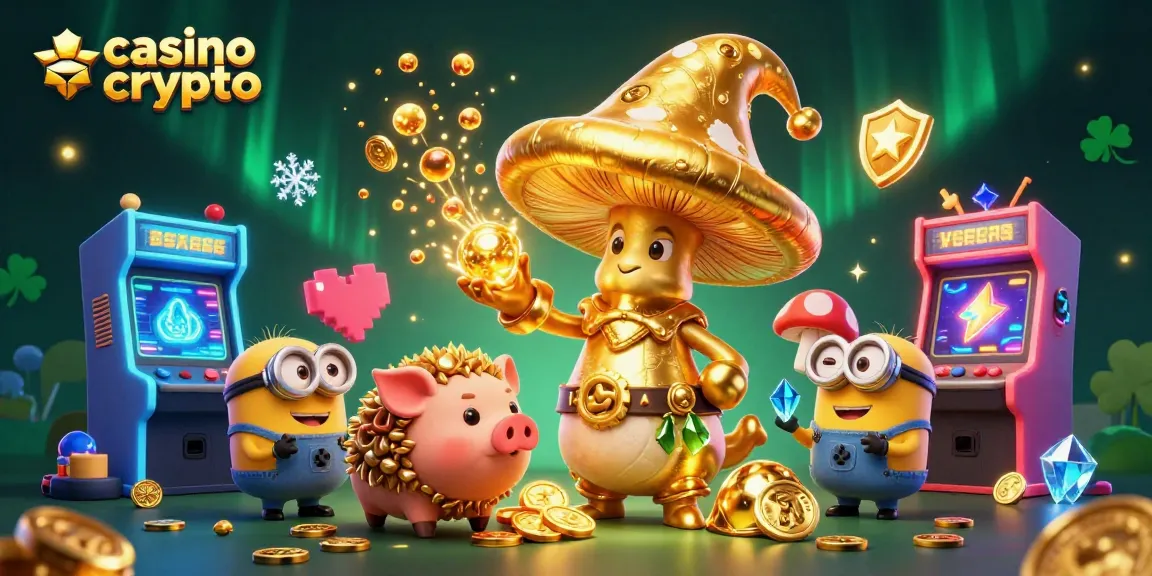 Faites des gains sur un casino crypto avec une illustration d'un sorcier champignon doré et ses trésors.