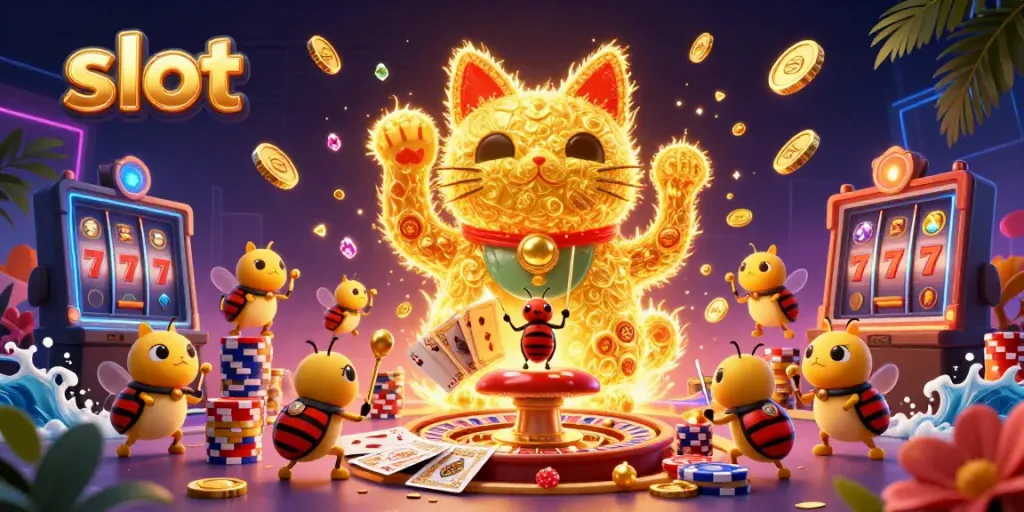 Engage with a vibrant slot scene featuring a lucky cat and exciting casino symbols.