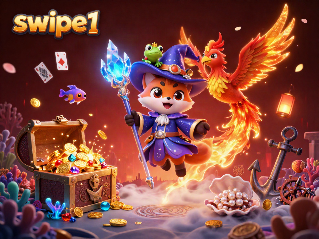Experience thrilling casino adventures with swipe1 featuring a wizard fox, phoenix, and treasures.