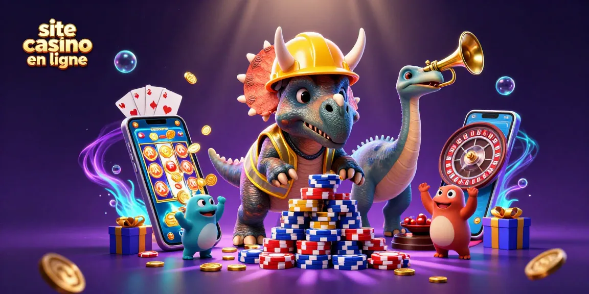 Construction d'une pyramide de jetons de poker par un triceratops sur un site casino en ligne festif