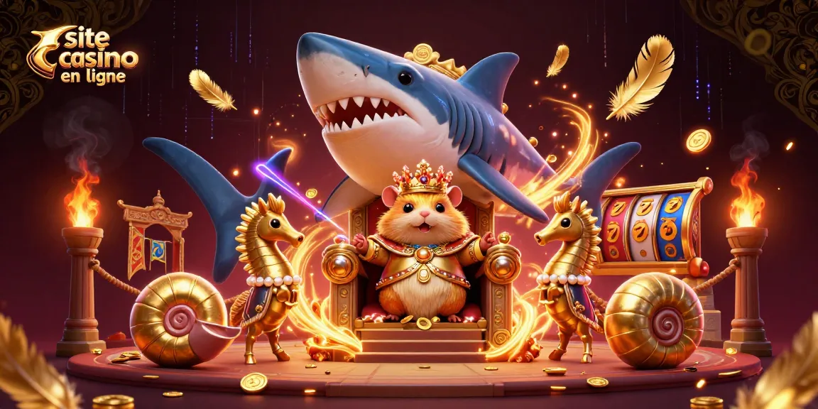 Trône du roi hamster en or entouré d'éléments de jeu sur un site casino en ligne.