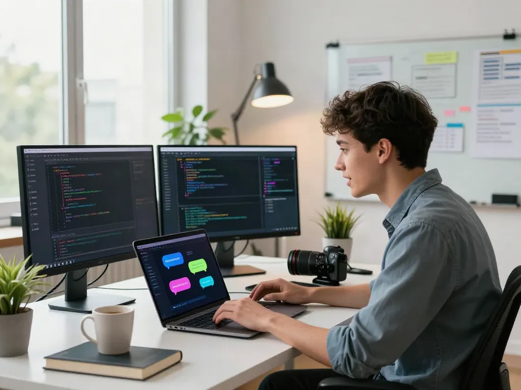Dynamic workspace depicting an unfiltered AI chat platform conversation on a laptop surrounded by tech elements.
