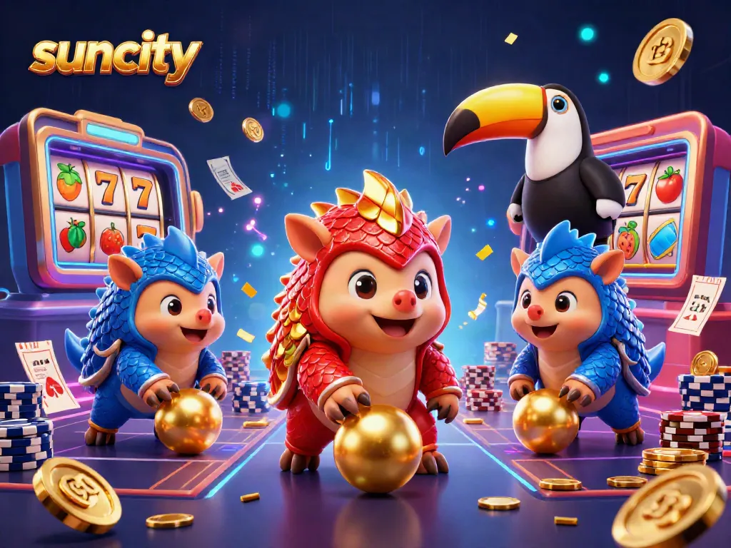 Experience the thrill of suncity as rival pangolins navigate a vibrant casino scene filled with dynamic elements.