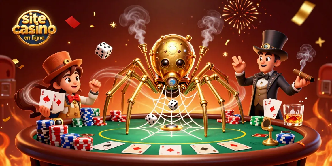 Plongez dans l'univers du site casino en ligne avec cette illustration 3D captivante de l'araignée steampunk et ses dés perdants.