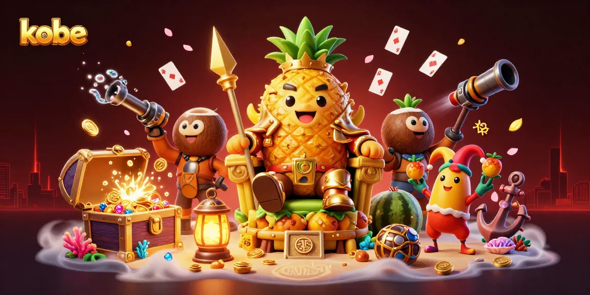 Kobe-themed casino scene featuring a pineapple king and dynamic gaming elements with vibrant colors.