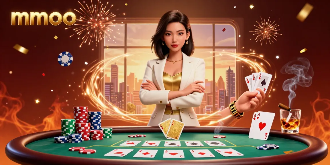 Experience mmoo's vibrant casino atmosphere with elegant cards and dynamic poker elements.