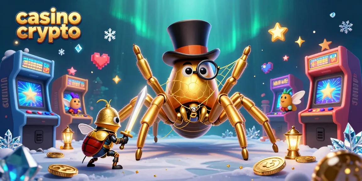 Une illustration 3D ultra-détaillée représentant une scène de casino crypto avec une araignée dorée et un chevalier scarabée.