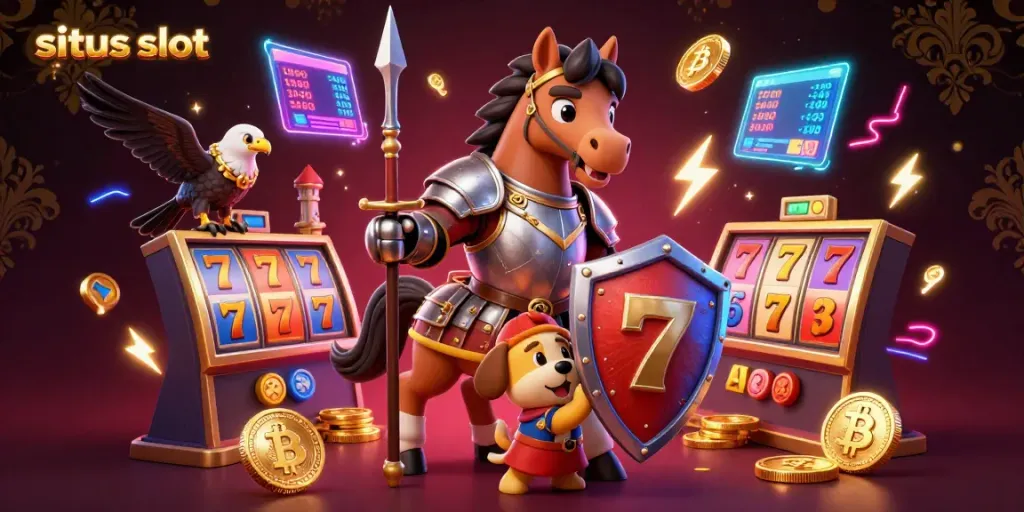 Experience the excitement of situs slot with a medieval knight and squire surrounded by vibrant slot game elements and glowing crypto coins.