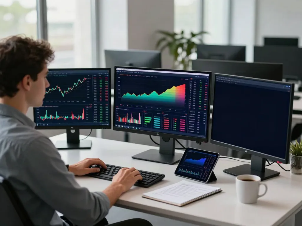 tradingview官网 trading market analysis setup with multiple monitors and trading tools