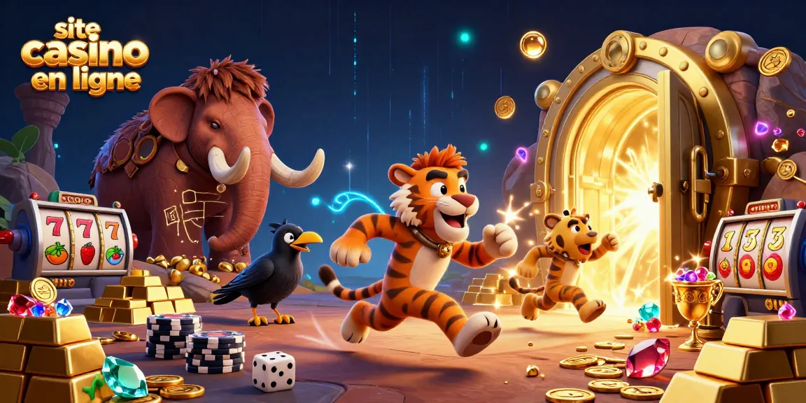 Les personnages d'un site casino en ligne s'affrontent avec des machines à sous, des jetons et des trésors.