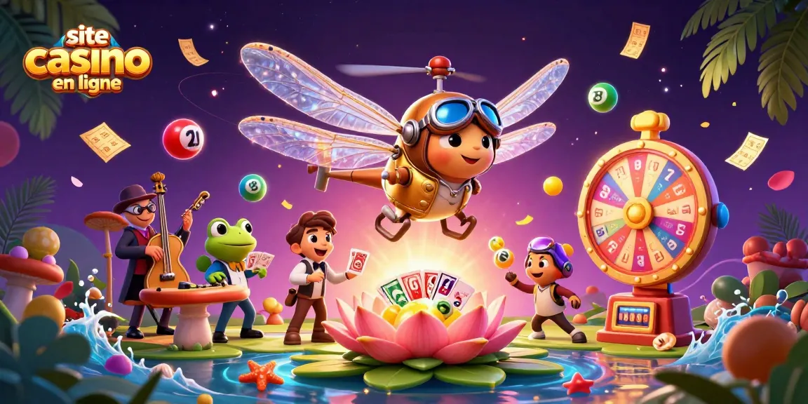 Découvrez le site casino en ligne avec un pilote libellule et un croupier grenouille en action.