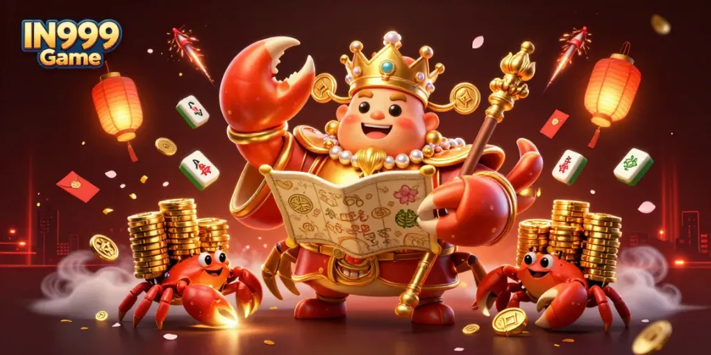 Engage with the exciting IN999 Game featuring a golden crab emperor and dynamic casino elements