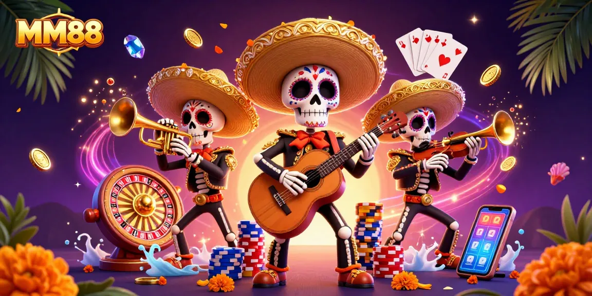 Experience vibrant MM88 gameplay with a mariachi band amidst sparkling casino elements.