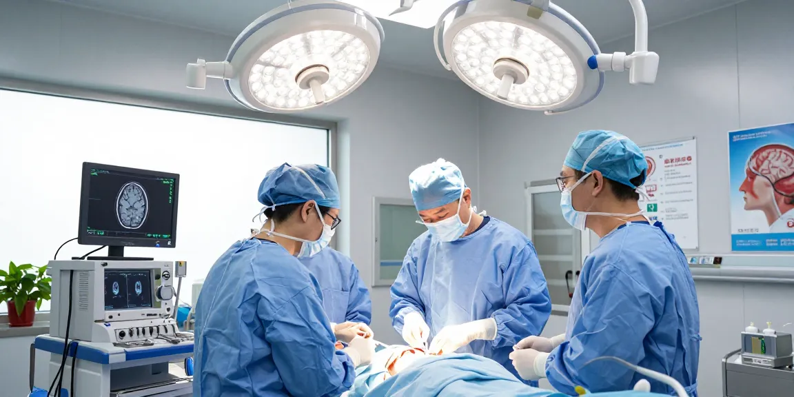 Neurosurgeon performing a beyin ameliyatı in a high-tech operating room, showcasing medical teamwork and advanced technology.