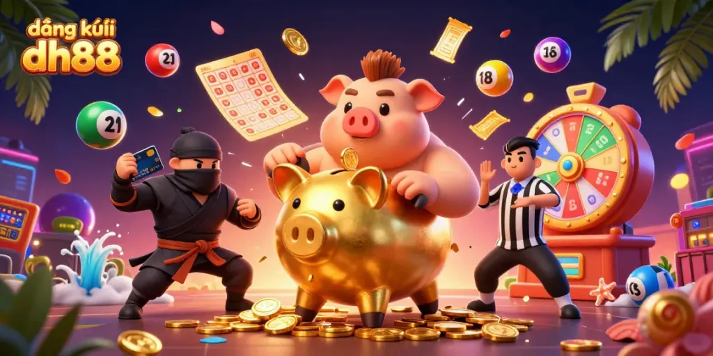 Engage in fun and exciting đăng ký dh88 with a dynamic illustration of a golden piggy bank sumo wrestler amid casino action.