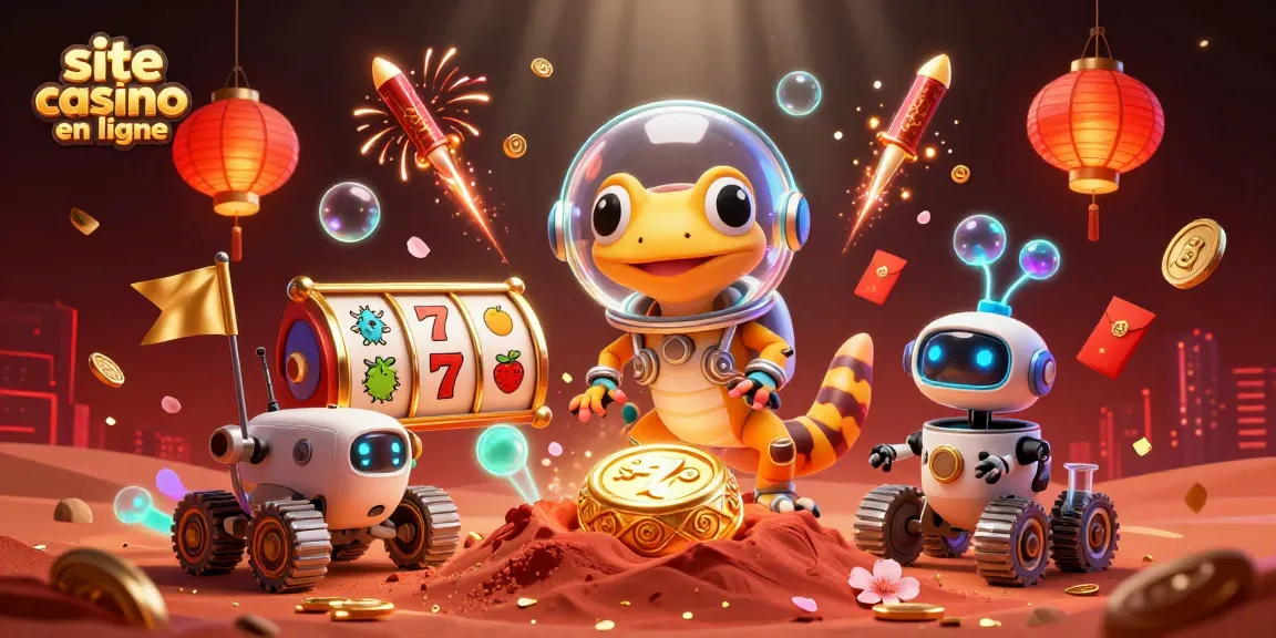 Jouer sur un site casino en ligne avec un gecko martien et un robot, décoré de lanternes et de feux d'artifice.