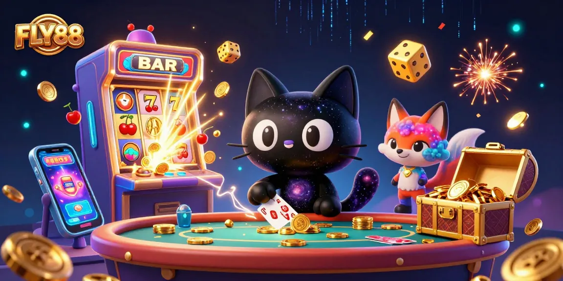 FLY88 gaming illustration featuring a black hole cat and a nebula fox in a cosmic casino.