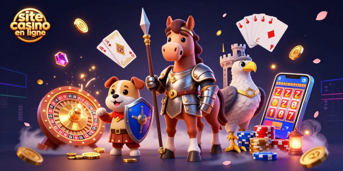 Un mélange dynamique de personnages et d'éléments de jeu mettant en scène site casino en ligne avec un chevalier, un chiot et un faucon.