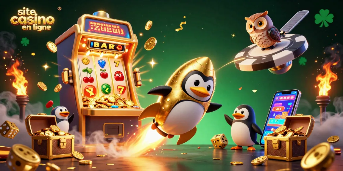 Le site casino en ligne révèle un pingouin doré propulsé par une fusée voyageant dans l'espace, entouré de machines à sous et de trésors.