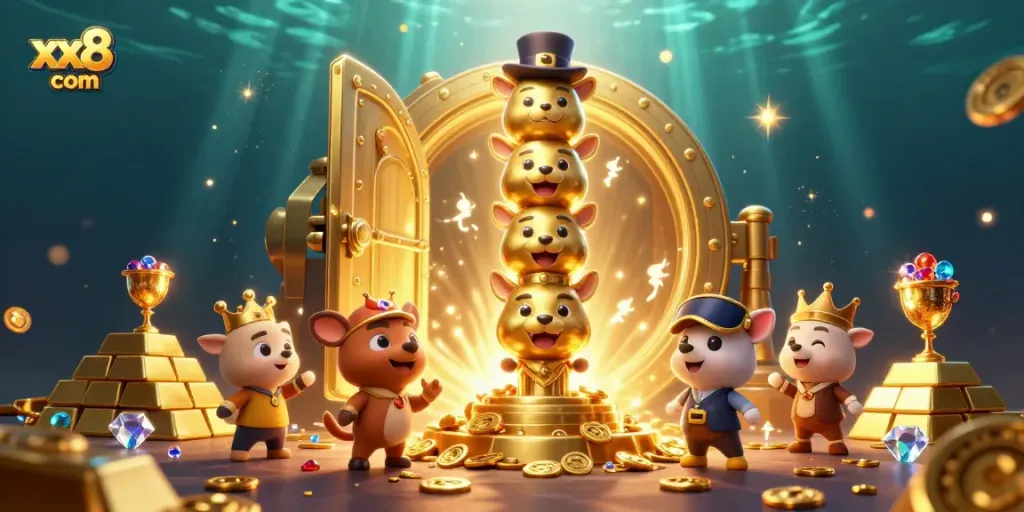Experience thrilling gaming action at xx8 com with vibrant jackpot elements and dynamic character illustrations.