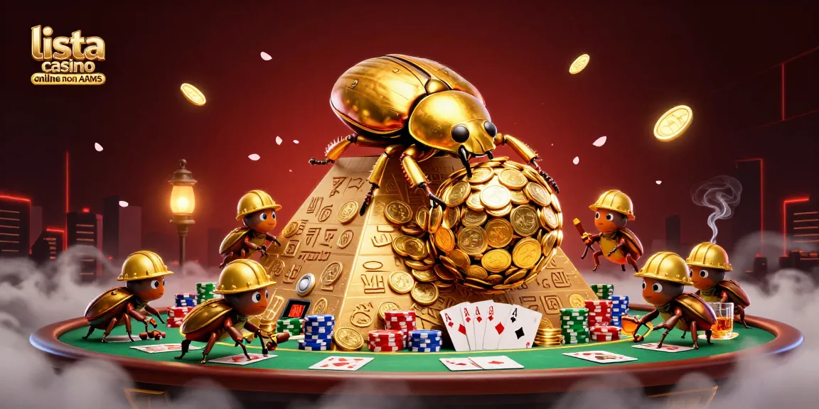 Illustrazione di casino online non AAMS con un scarabeo d'oro e simboli di gioco.