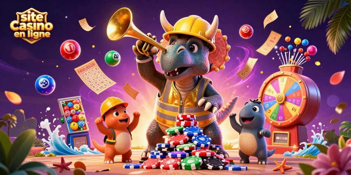 Illustration dynamique montrant un site casino en ligne avec un tricératops et des jeux colorés.