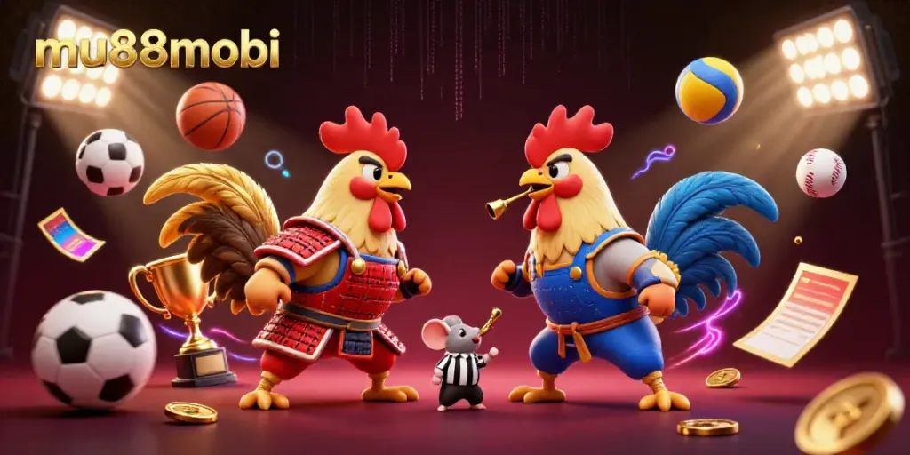 Engage in thrilling matches with mu88mobi’s dynamic sports betting scene featuring fighting roosters and vibrant game elements.
