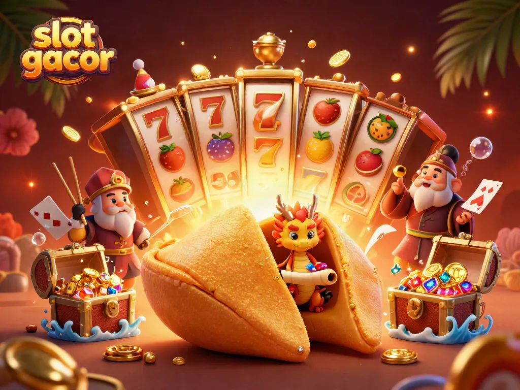 Gambarkan slot gacor dengan makhluk ajaib dan elemen kasino dalam ilustrasi digital 3D yang memukau