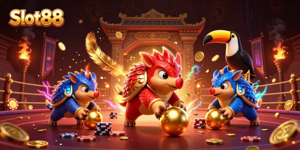Engaging illustration of rival pangolins competing in Slot88 with poker chips and golden elements.