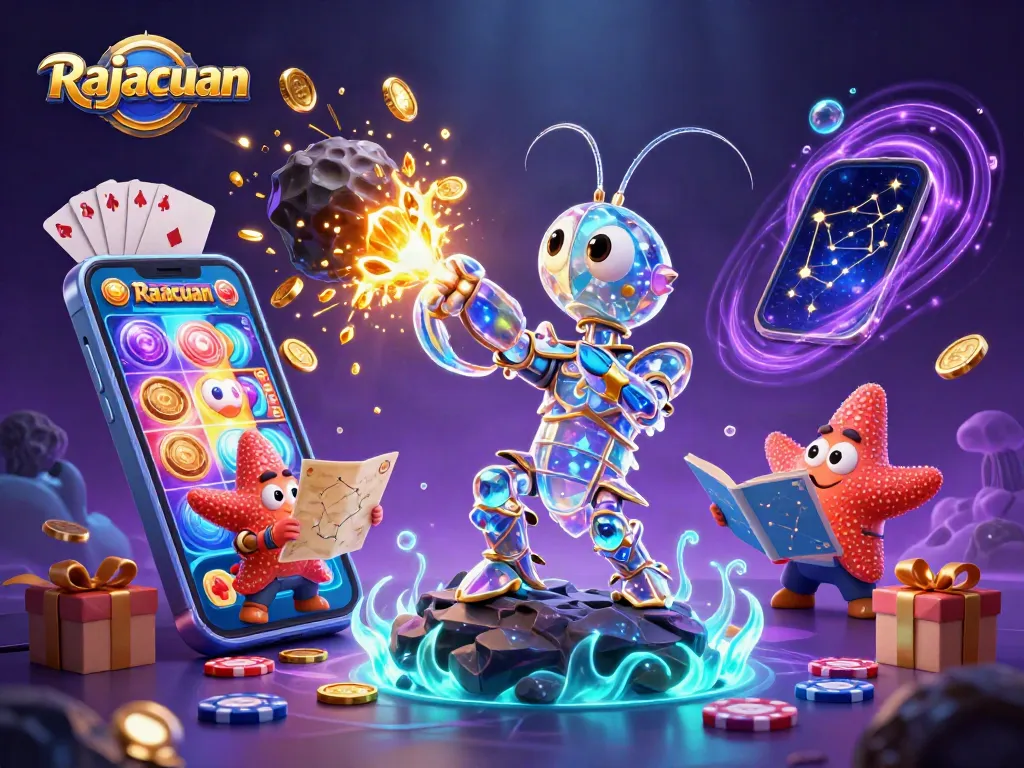 Rajacuan showcases a vibrant 3D illustration of a samurai mantis shrimp winning rewards from an exploding asteroid.