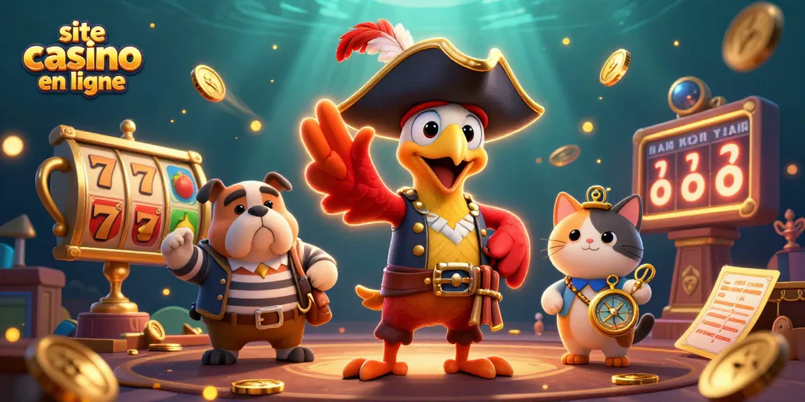 Illustration dynamique de "site casino en ligne" avec un capitaine pirate et des symboles de casino.