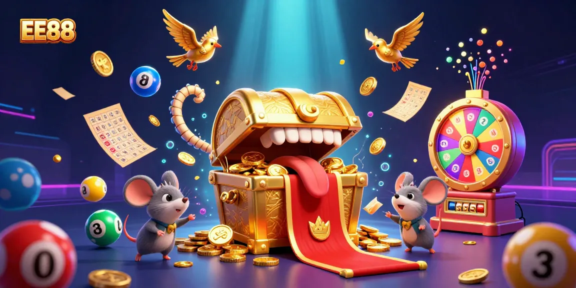 Experience EE88 with a vibrant, 3D illustration showcasing lottery elements and treasure.