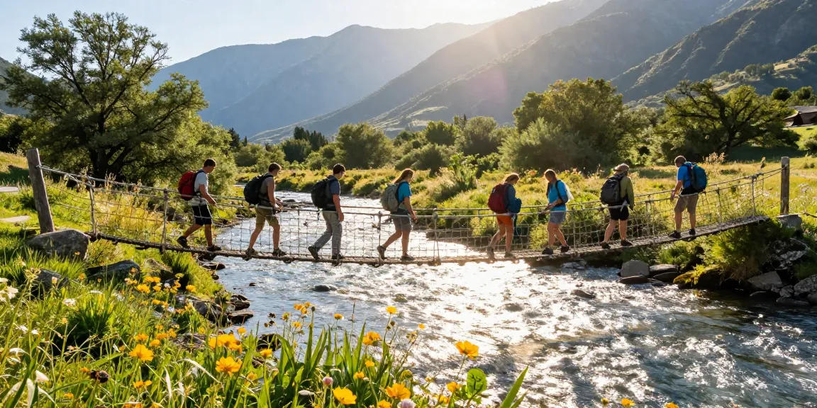 Hikers crossing a river rope bridge amidst lush greenery, exemplifying adventure.