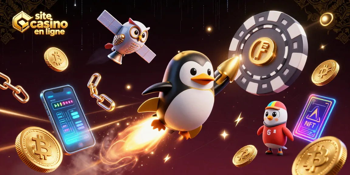 Plongez dans l'univers du site casino en ligne avec un pingouin doré propulsé par une fusée.