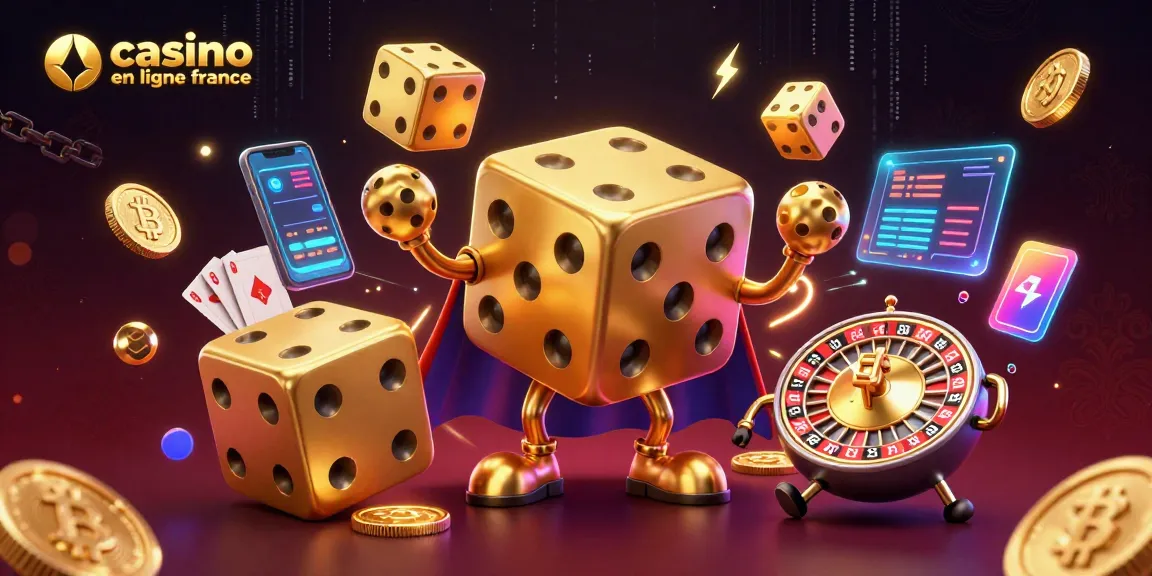 Plongez dans l'univers du casino en ligne France avec un golem de dés dorés et des monnaies numériques brillantes.