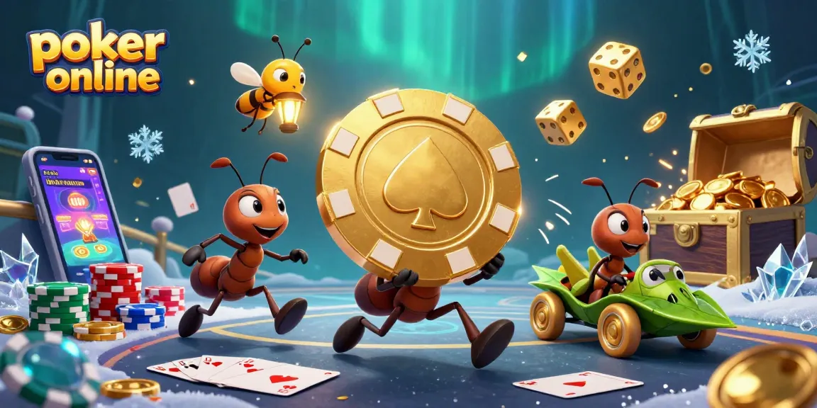 Jouez au poker en ligne avec une équipe d'ants portant une puissante puce dorée dans une scène dynamique.