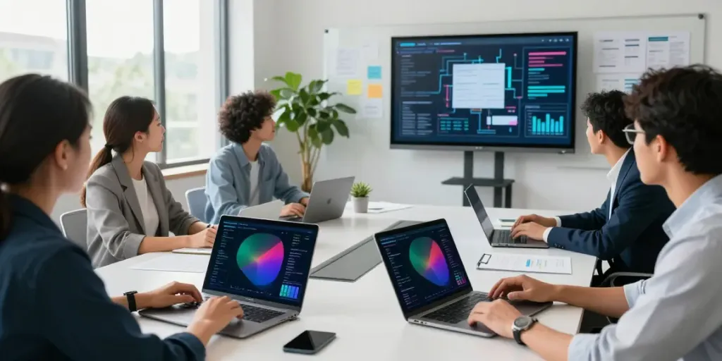 LAMBE777 sebagai portal informasi modern dengan tim profesional sedang berdiskusi di ruang konferensi yang terang.