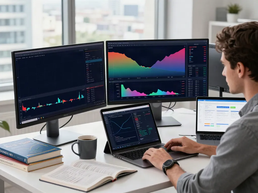 Trader analyzing TradingView charts in a modern workspace.