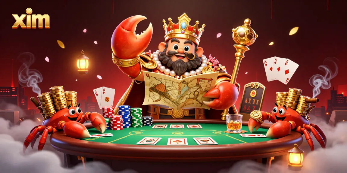 Engage with the vibrant casino scene at xim, featuring a golden crab emperor amidst rich poker elements.