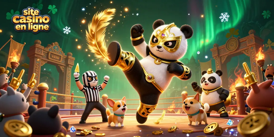 Illustration dynamique d'un site casino en ligne avec un panda lutteur et un chien arbitre sous une aurore boréale.