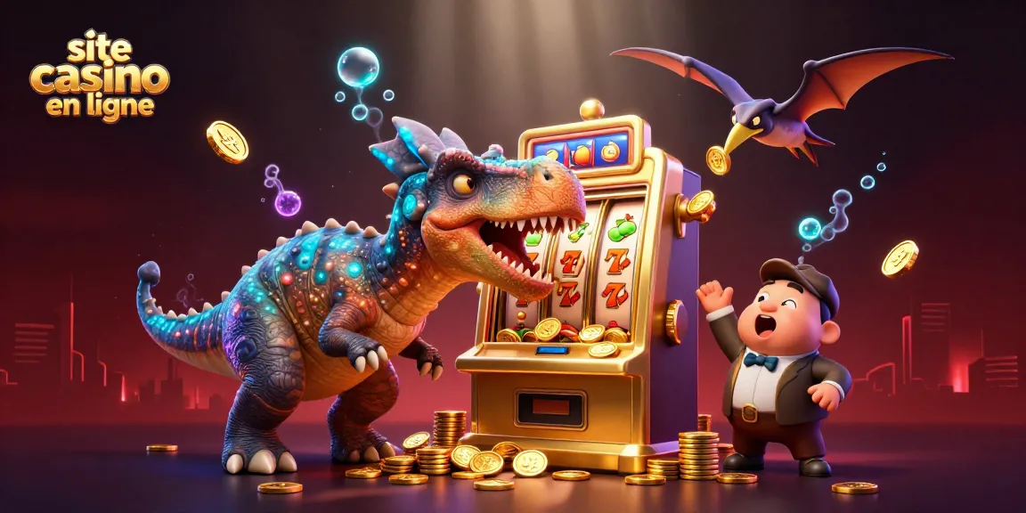 Illustration d'un site casino en ligne avec un pachycephalosaurus frappant une machine à sous pour gagner des pièces d'or