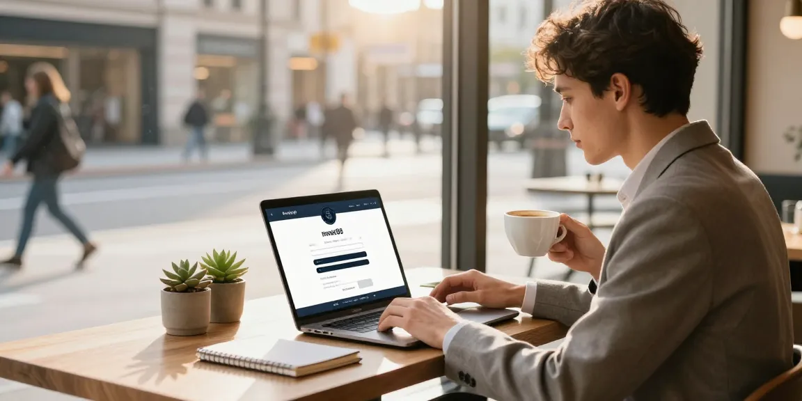 Young professional engaging in rokok88 login at a café with city backdrop.