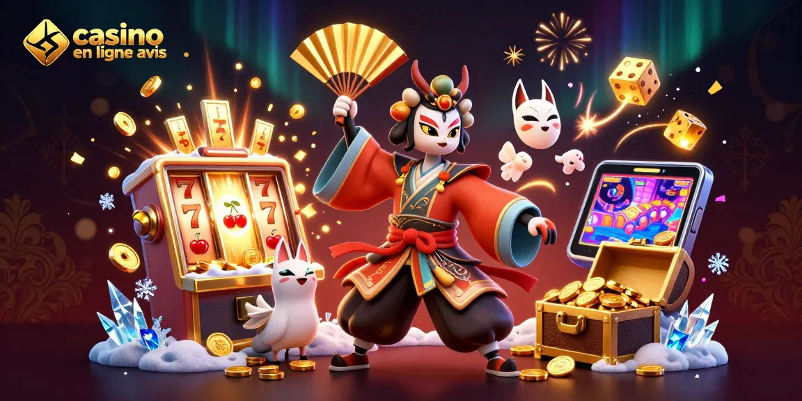Avis sur les casinos en ligne : profitez d'une illustration captivante d'un guerrier kabuki et des machines à sous.