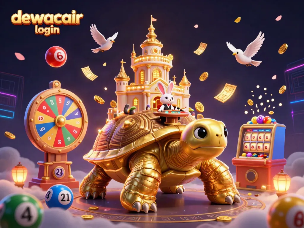 Engage with dewacair login in this vibrant casino scene featuring a golden tortoise and dynamic gaming elements.