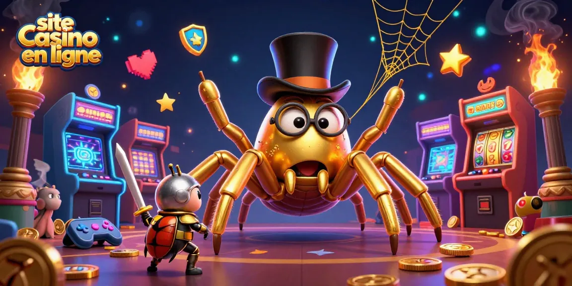 Profitez du site casino en ligne avec une scène dynamique de personnages de jeu et des éléments colorés.